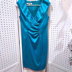 Evan Picone Teal Blue Satin Ruched Sheath Dress Petite Size 6P